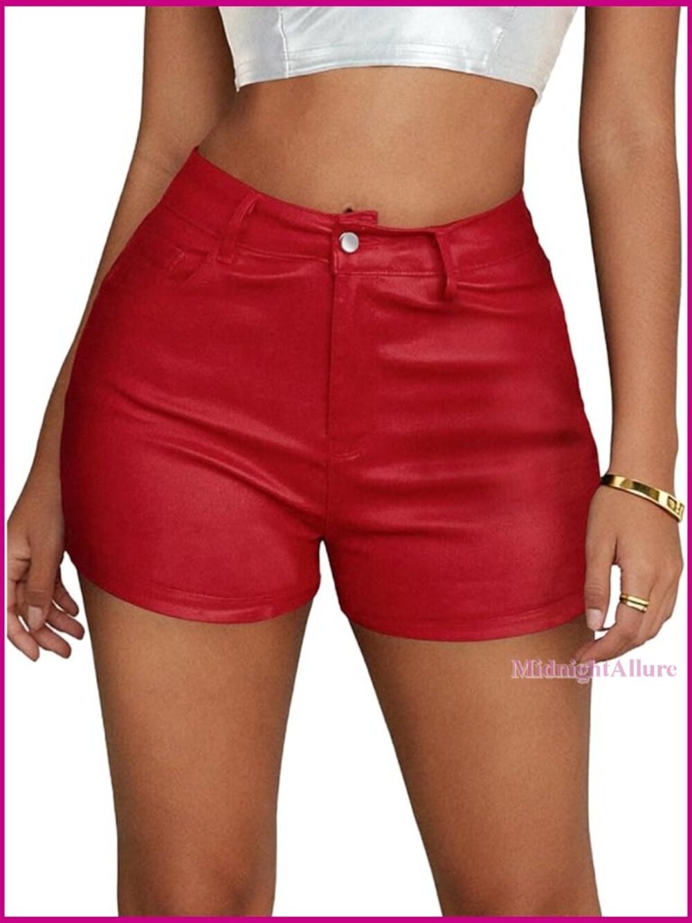 Faux Leather High Waisted Mini Shorts with Zipper and Pockets